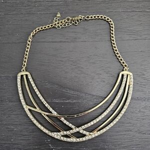 Gold Statement Necklace with Rhinestones. Chunky Layered Collar Necklace